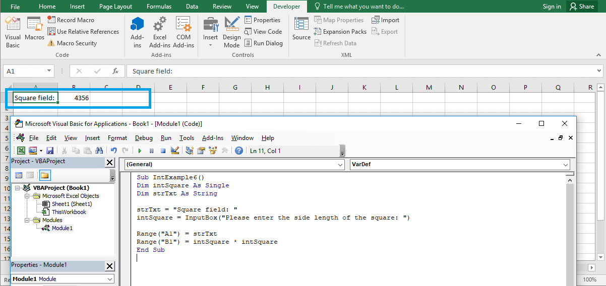 Excel VBA course - VBA Variables. Calculating square field